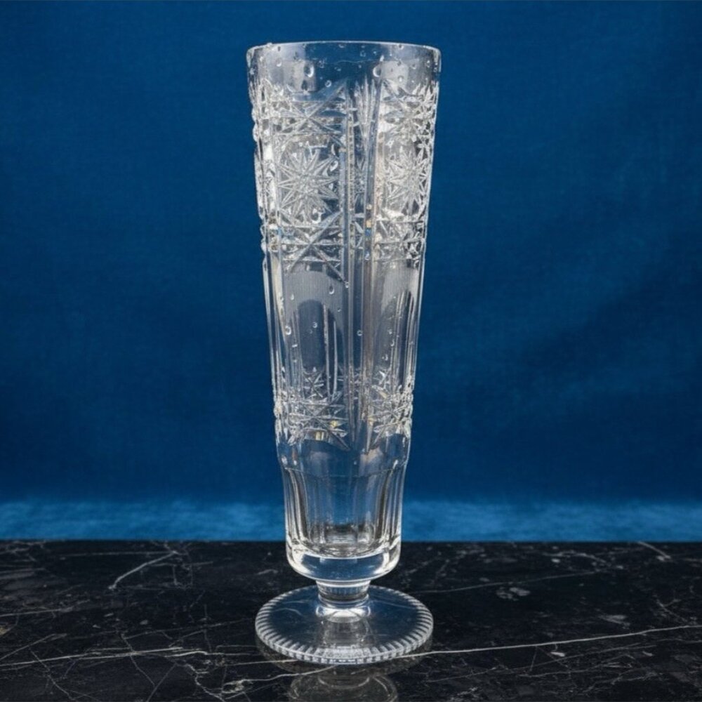 Vintage European Cut Crystal Pedestal Starburst Vase 8.25 Inch